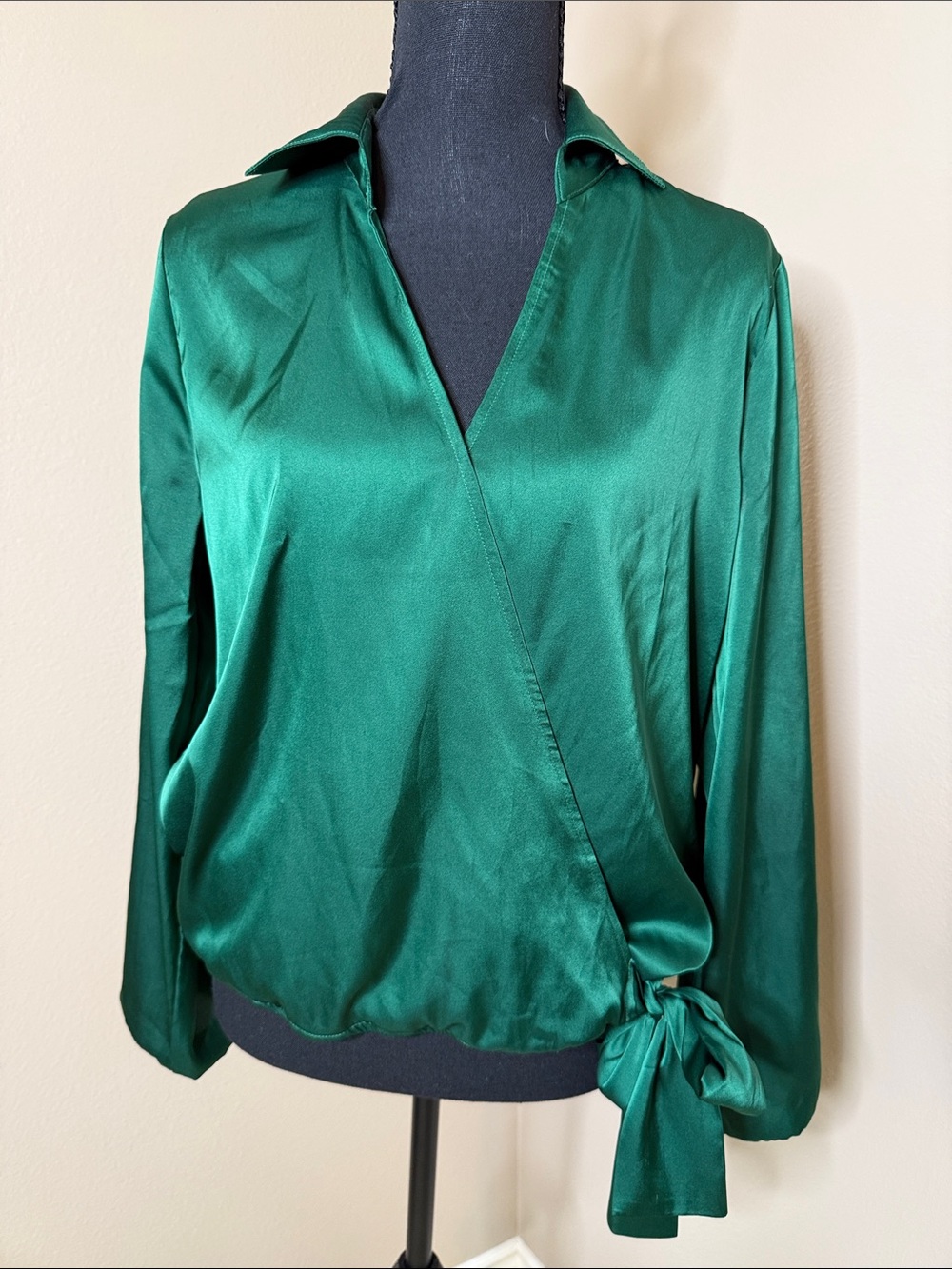 Fortune and Ivy  Emerald Green Wrap Blouse with Side Tie - Women Tops